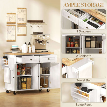 HOMCOM Kitchen Island with Storage, Rolling Trolley Cart with Rubber Wood Top, Spice Rack, Towel Rack, Grey