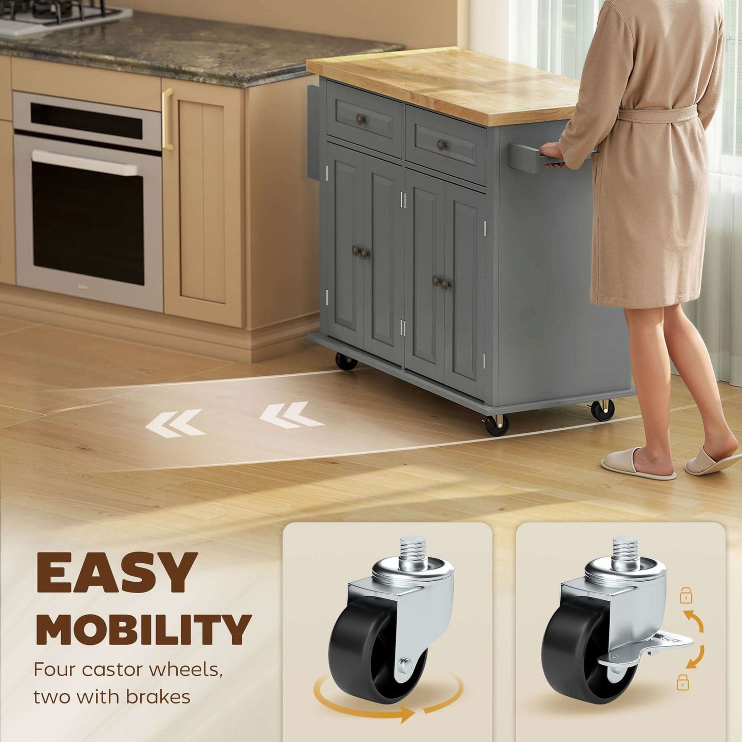 HOMCOM Kitchen Island with Storage, Rolling Trolley Cart with Rubber Wood Top, Spice Rack, Towel Rack, 2 Locking Brakes,Grey