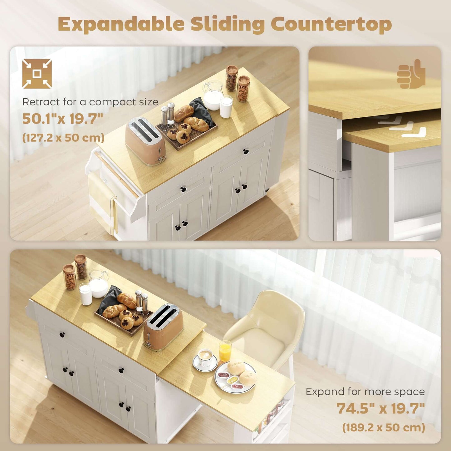 HOMCOM Kitchen Island with Sliding Expandable Top, Rolling Kitchen Cart with Drawers, Cabinets & Spice Rack, White
