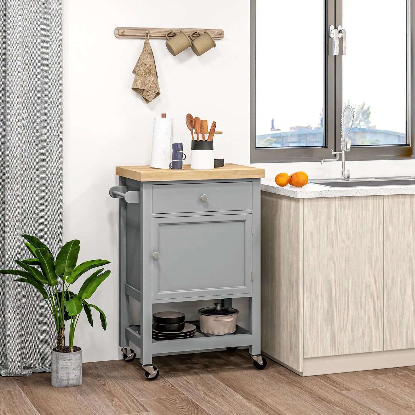 HOMCOM Kitchen Cart on Wheels, Rolling Kitchen Island Cart with Wood Top, Towel Rack, Drawer and Shelf for Dining Area, Grey