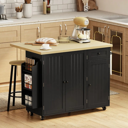 HOMCOM Kitchen Island Cart, Rolling Kitchen Island Table with Drop Leaf, Drawer, Spice and Towel Rack, Black