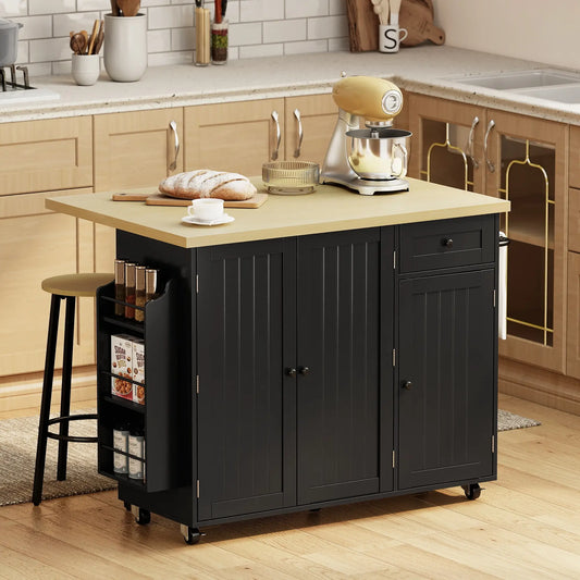 HOMCOM Kitchen Island Cart, Rolling Kitchen Island Table with Drop Leaf, Drawer, Spice and Towel Rack, Black