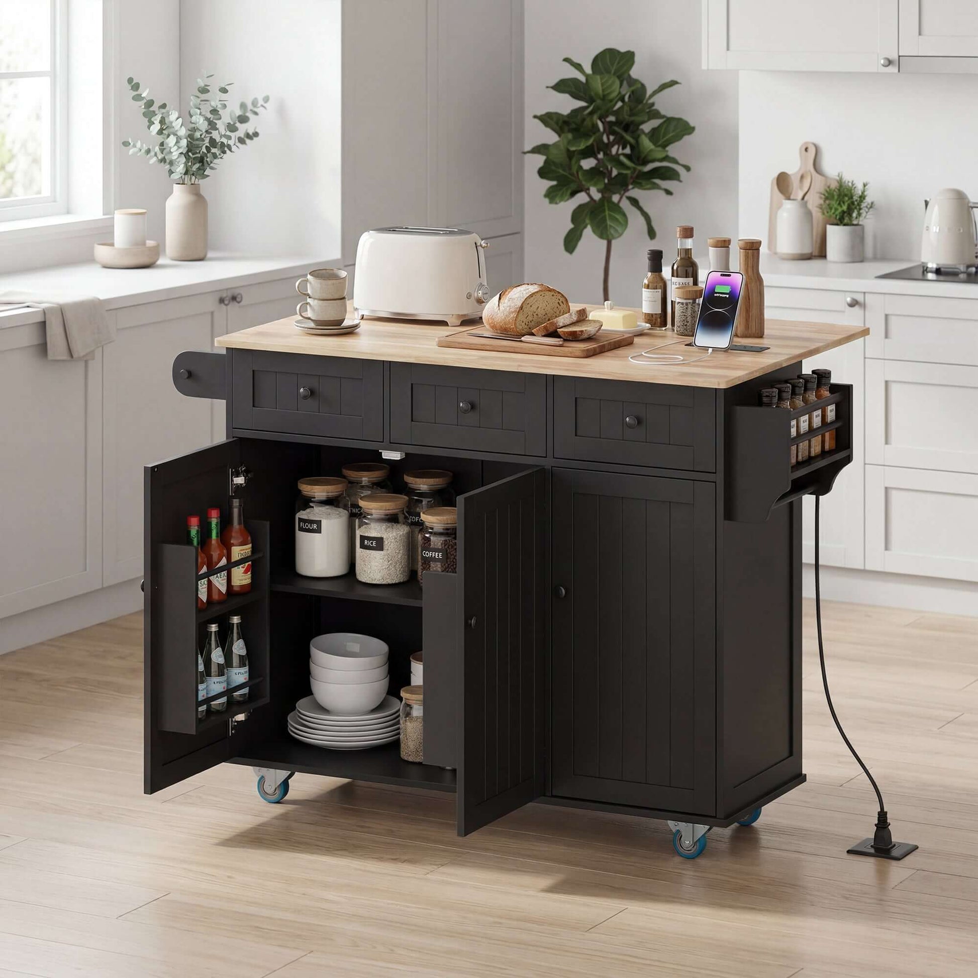 HOMCOM Kitchen Island on Wheels with Drop Leaf, Charging Station, Rolling Kitchen Cart with Wood Top, Adjustable Shelf, Black
