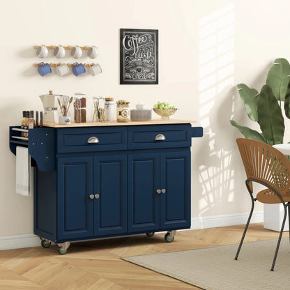 HOMCOM Kitchen Island with Storage, Rolling Kitchen Island with Drop Leaf, Rubber Wood Top and Adjustable Shelves, Navy Blue | Aosom Canada