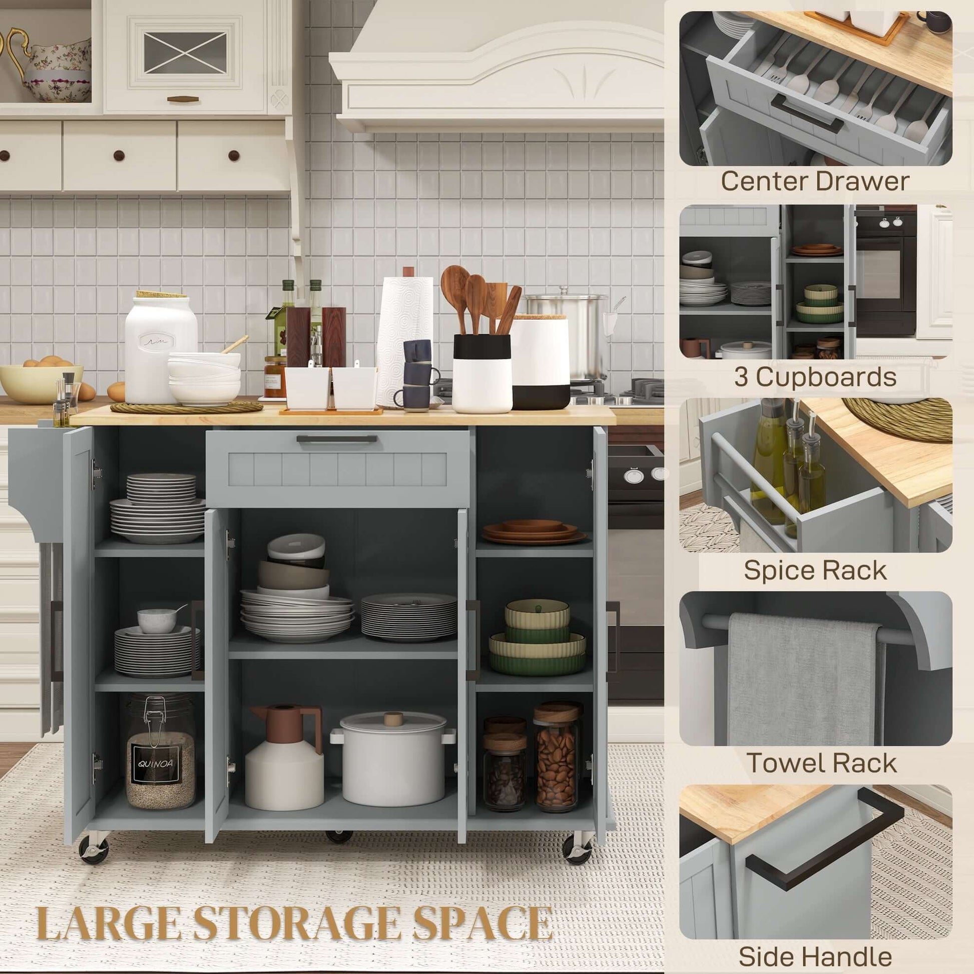 HOMCOM Modern Rolling Kitchen Island Cart with Drawers, Natural Wood Top, Towel Rack, Door Storage Cabinet, Grey