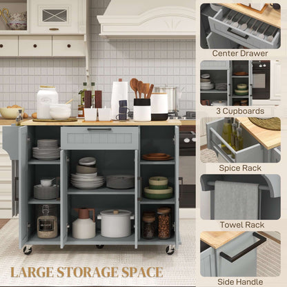 HOMCOM Modern Rolling Kitchen Island Cart with Drawers, Natural Wood Top, Towel Rack, Door Storage Cabinet, Grey