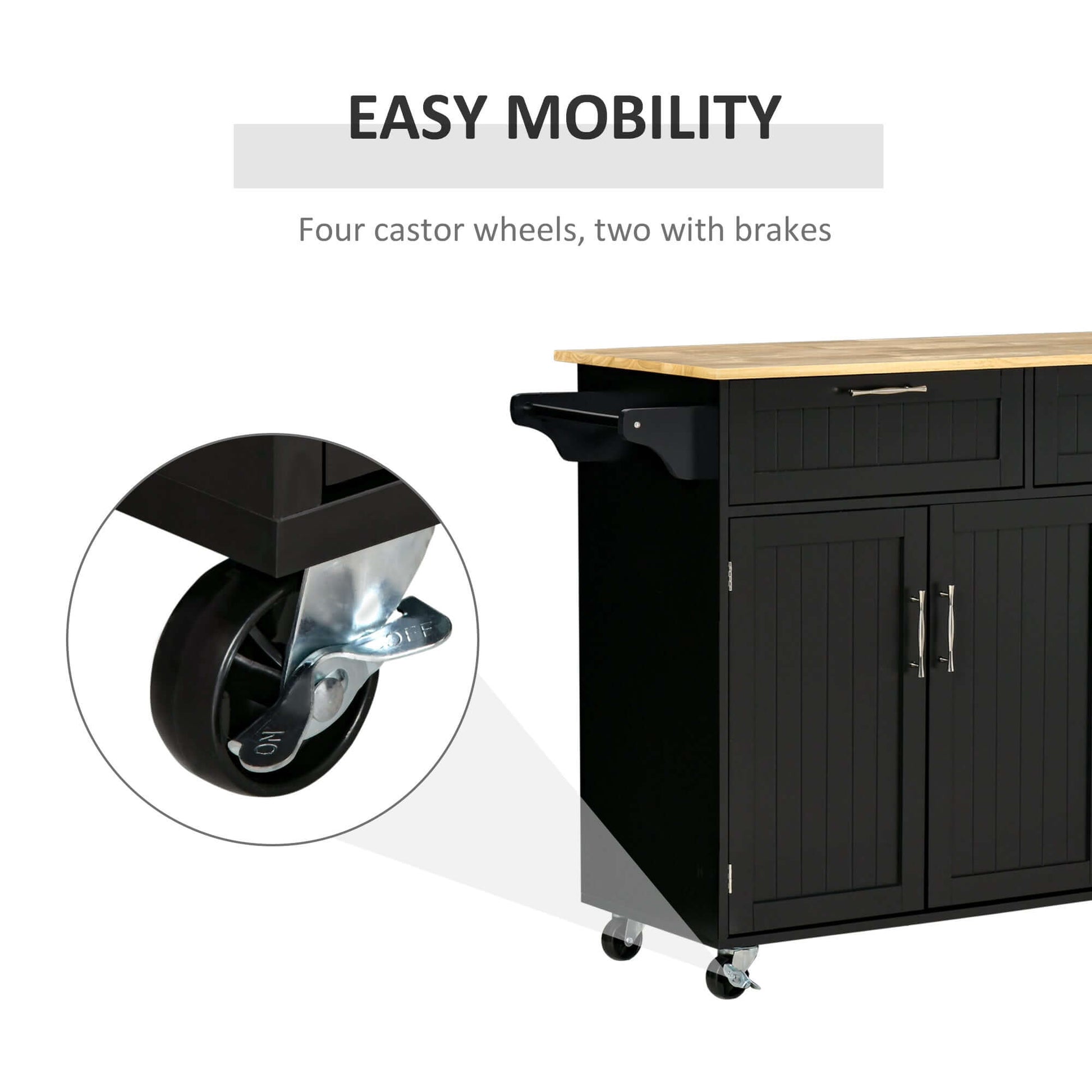 HOMCOM Modern Kitchen Island, Utility Kitchen Serving Cart with 2 Storage Drawers & Cabinets for Dining Room, Black