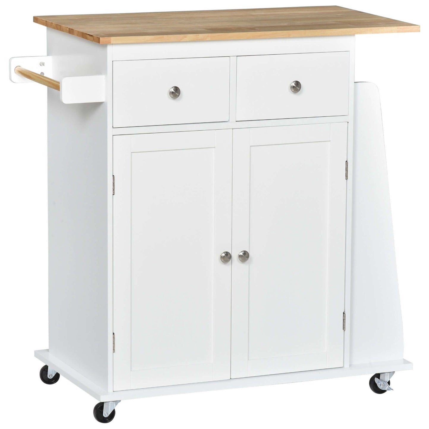 HOMCOM Rolling Kitchen Island Trolley Storage Cart with Rubber Wood Top, 3-Tier Spice Rack, Towel Rack Home Kitchen Carts, White