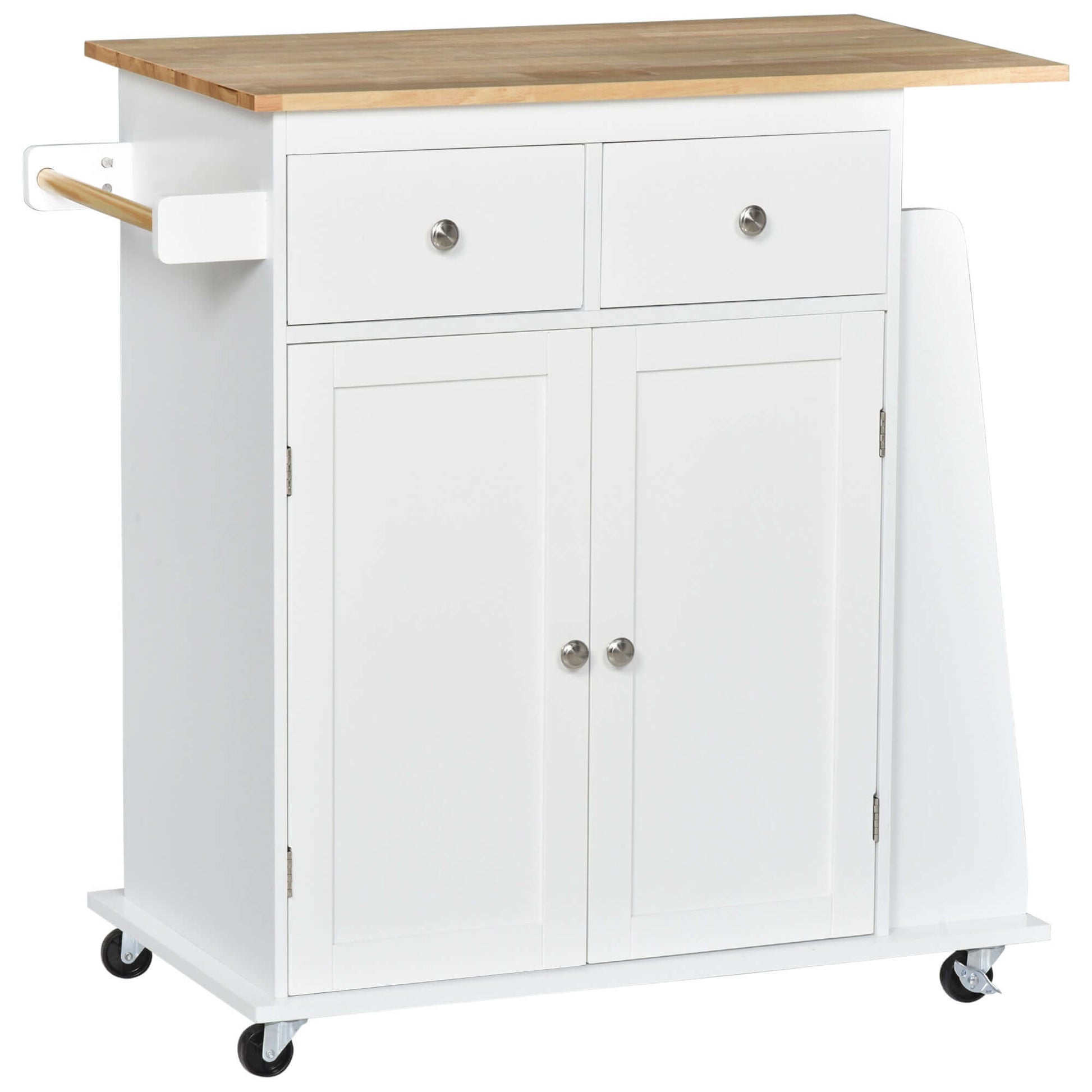 HOMCOM Rolling Kitchen Island Trolley Storage Cart with Rubber Wood Top, 3-Tier Spice Rack, Towel Rack Home Kitchen Carts, White