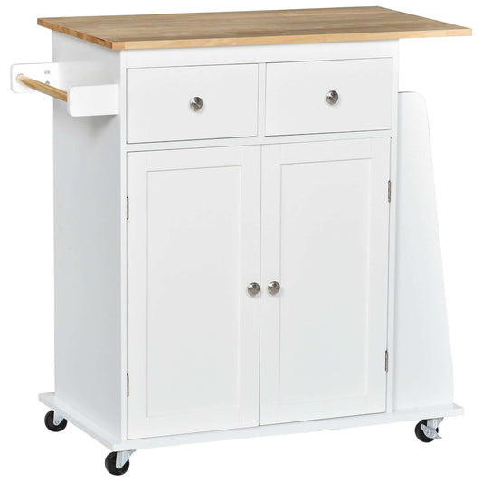 HOMCOM Rolling Kitchen Island Trolley Storage Cart with Rubber Wood Top, 3-Tier Spice Rack, Towel Rack Home Kitchen Carts, White