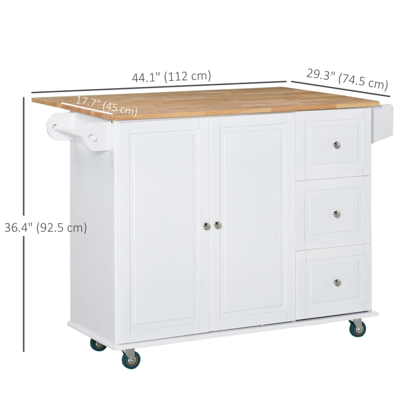 HOMCOM Rolling Kitchen Island with Drop Leaf, Kitchen Cart with Cabinet, 3 Drawers, Wood Top, White | Aosom Canada