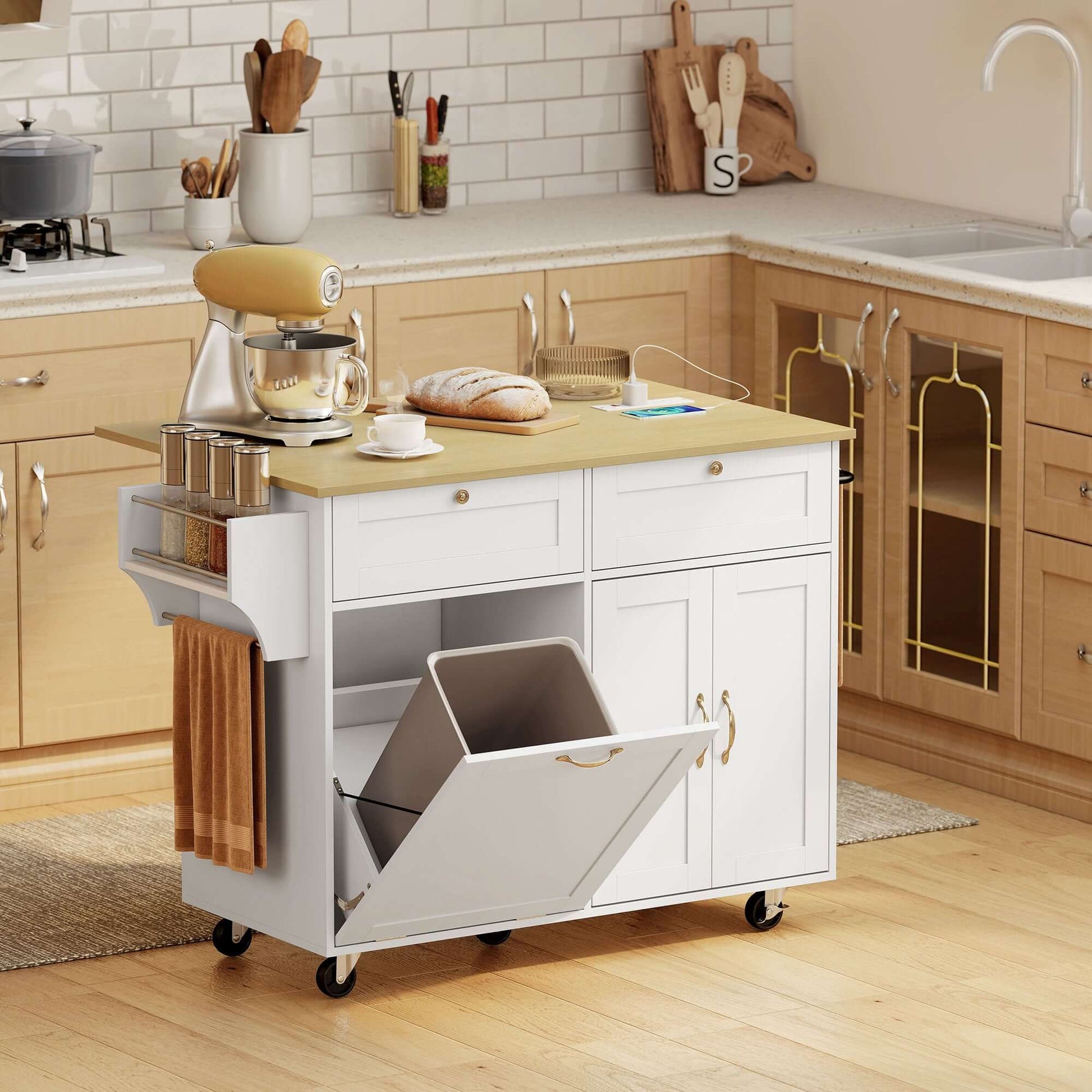 HOMCOM Kitchen Island Cart with Charging Station and Drop Leaf, Kitchen Island Table on Wheels with Trash Can Cabinet, White