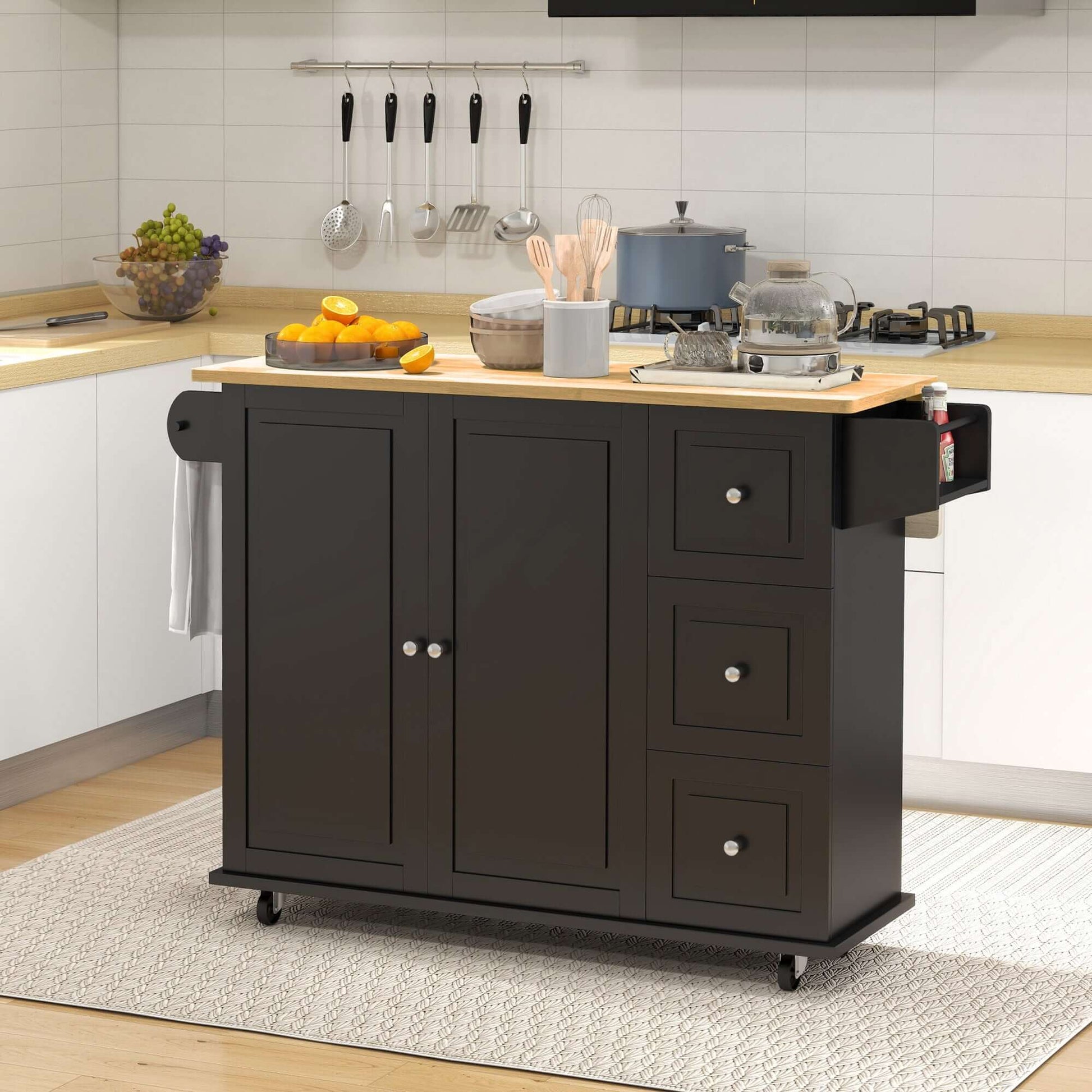 HOMCOM Kitchen Island on Wheels, Kitchen Cart with Drop Leaf, Drawers, Black