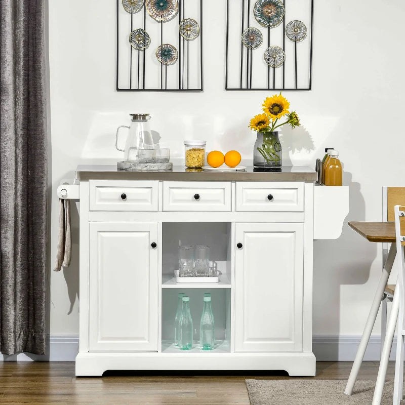 HOMCOM Versatile Kitchen Workstation: Rolling Island Cart with Stainless Steel Top, Spice Rack, Drawers & White Finish | Aosom Canada