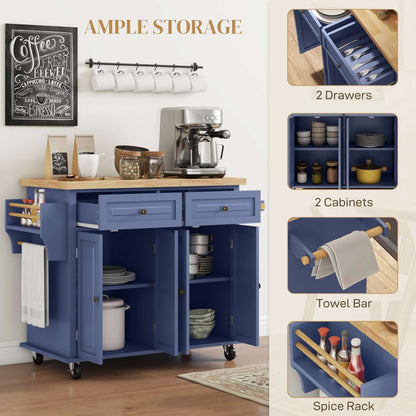 HOMCOM Kitchen Island with Storage, Rolling Trolley Cart with Rubber Wood Top, Spice Rack, Towel Rack, Navy Blue
