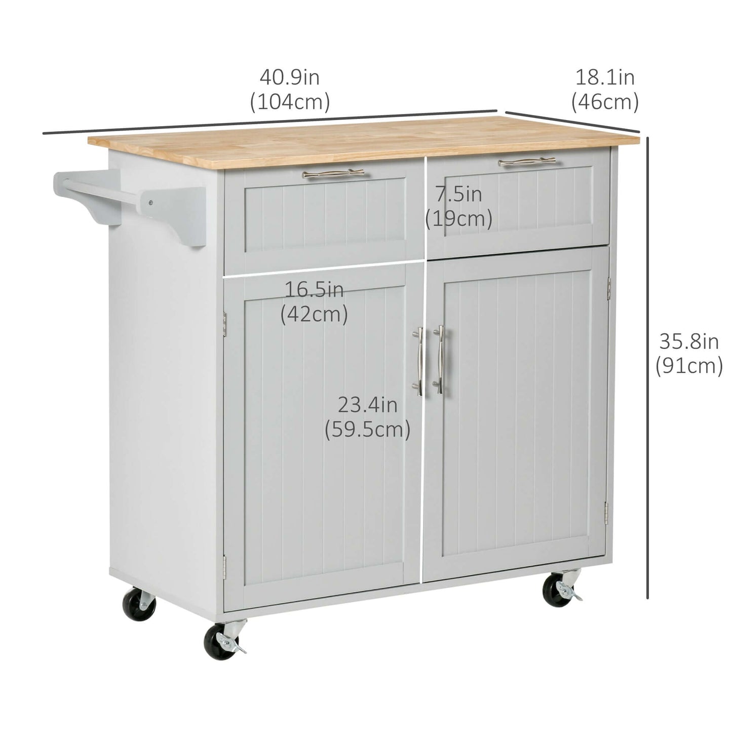 HOMCOM 41" Kitchen Island with Storage and Solid Wood Top, Rolling Kitchen Cart on Wheels with 2 Storage Drawers, 2 Doors and Towel Rack for Dining Room, Grey