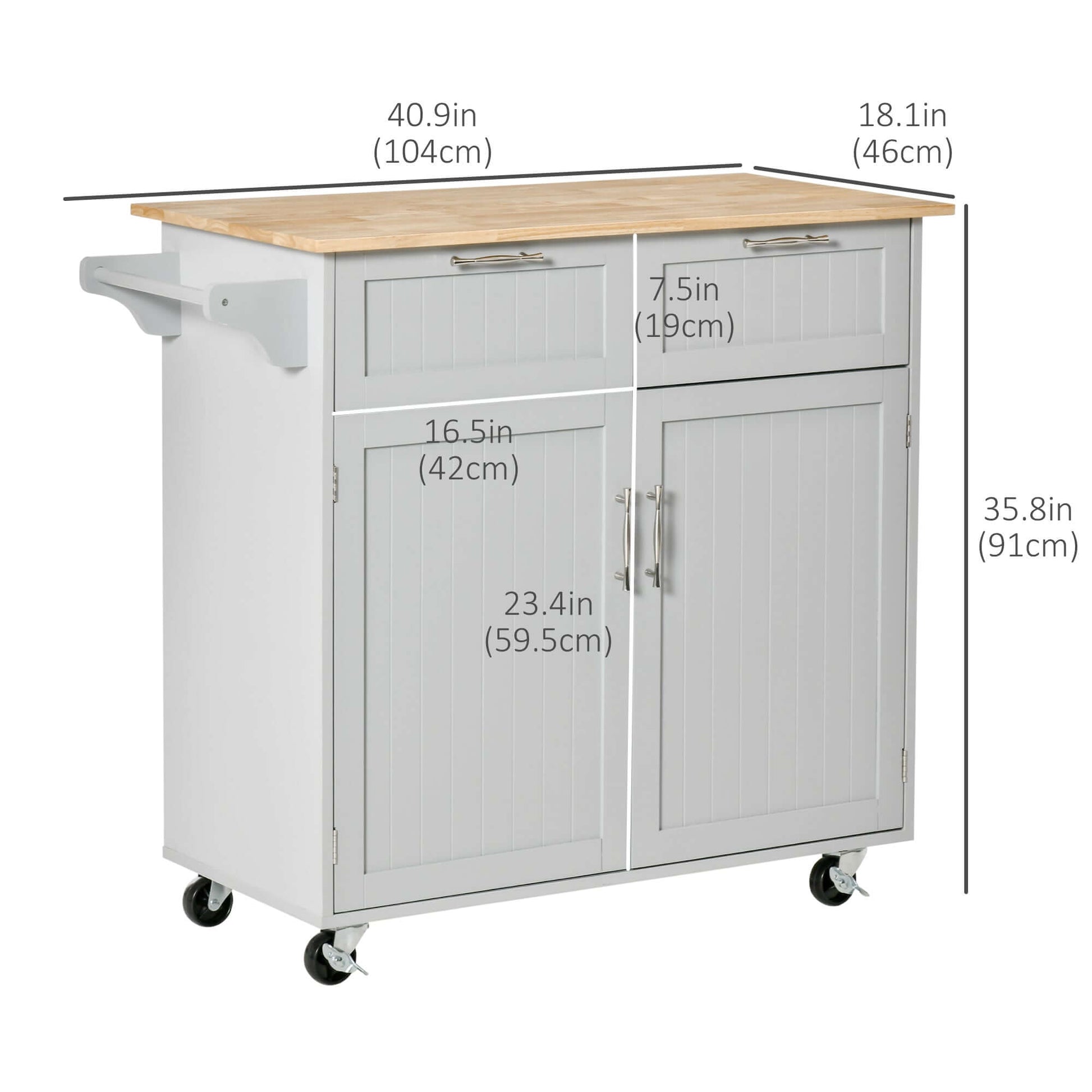 HOMCOM 41" Kitchen Island with Storage and Solid Wood Top, Rolling Kitchen Cart on Wheels with 2 Storage Drawers, 2 Doors and Towel Rack for Dining Room, Grey