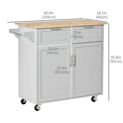 HOMCOM 41" Kitchen Island with Storage and Solid Wood Top, Rolling Kitchen Cart on Wheels with 2 Storage Drawers, 2 Doors and Towel Rack for Dining Room, Grey