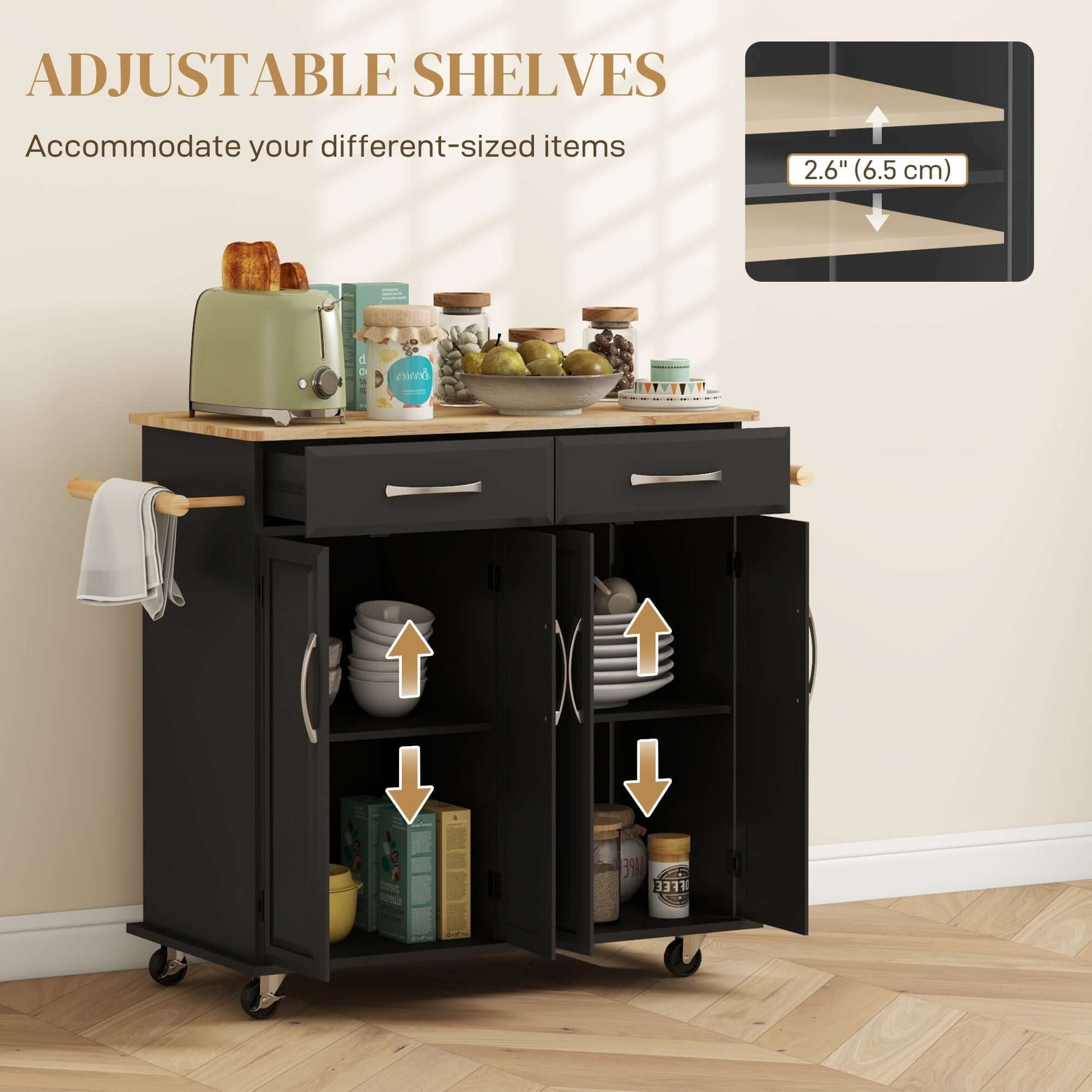 HOMCOM Kitchen Island on Wheels with Rubberwood Top, Rolling Kitchen Cart with 2 Drawers, 4 Doors and Adjustable Shelves